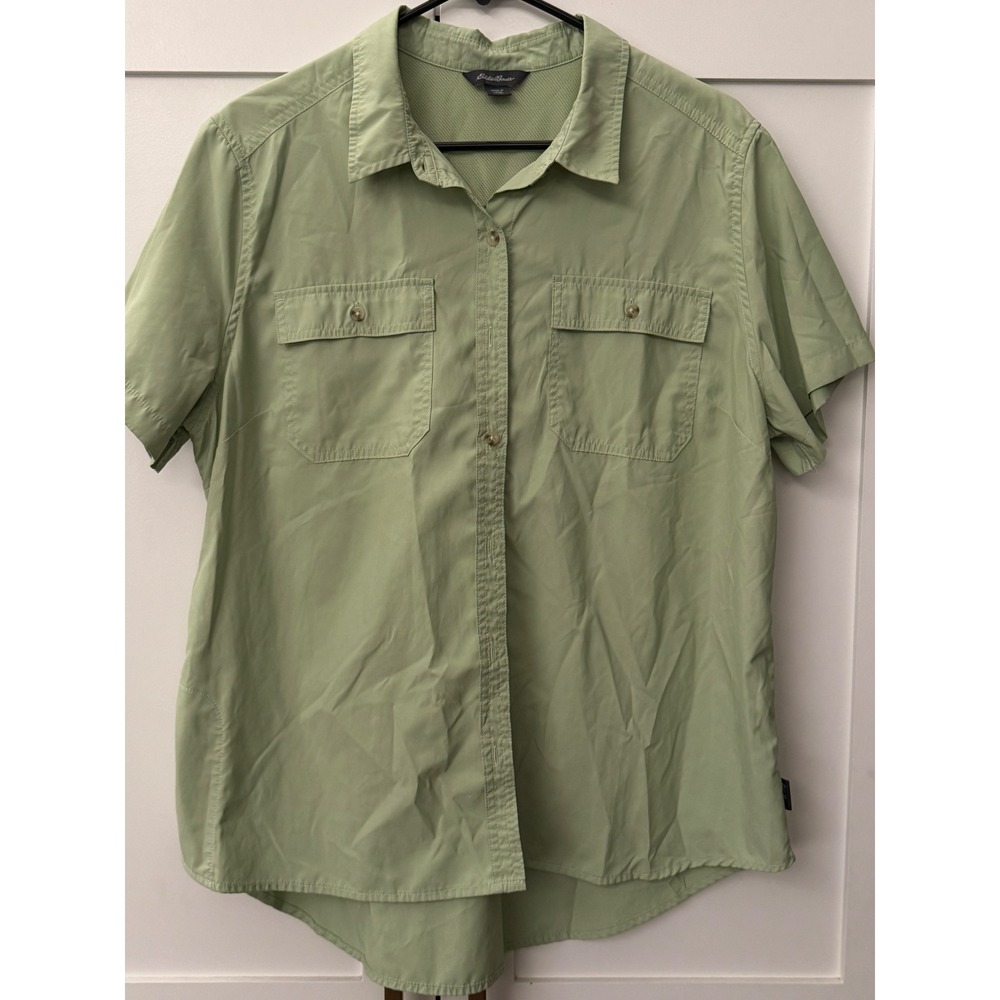 Eddie Bauer Womens XL Sage Green Short Sleeve Button Up Hiking Shirt EB004068